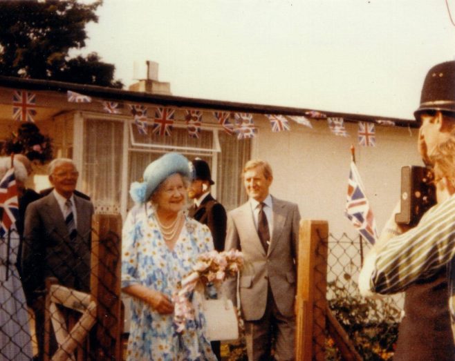 Queen Mother visiting the Excalibur Estate prefabs, 1980s