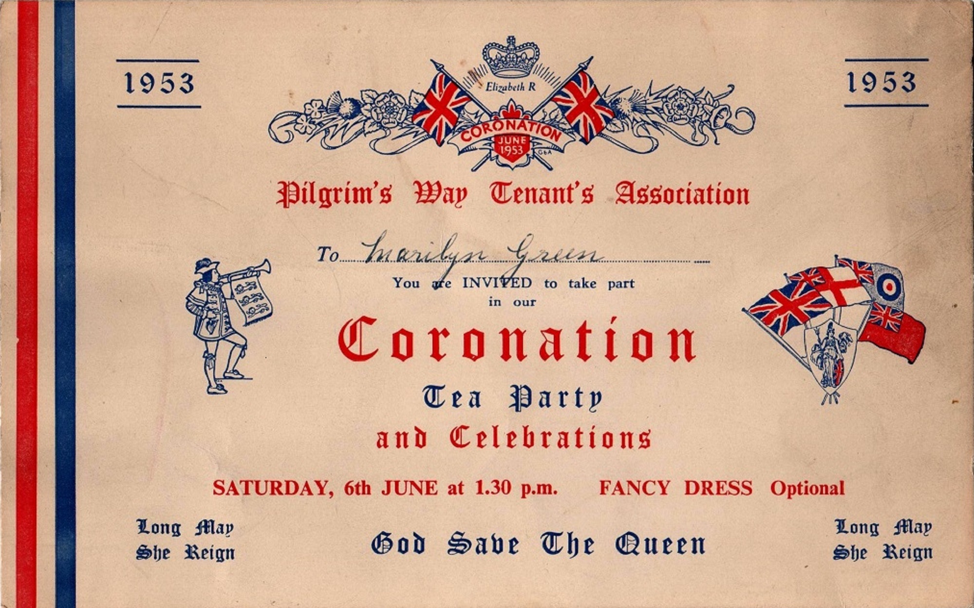 Pilgrims Way 1953 Coronation party invitation