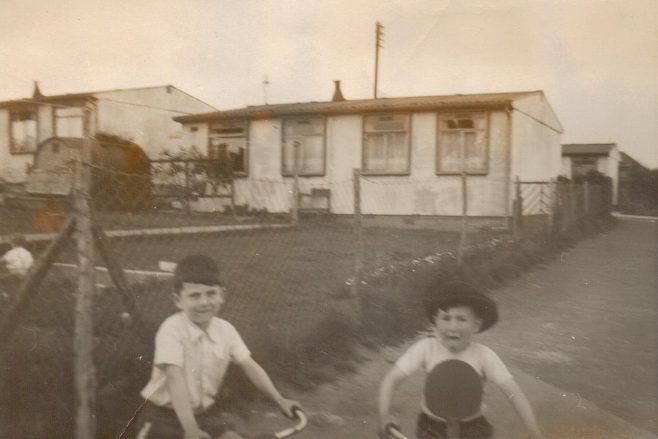 Roger and his friend in the prefab alley, south London