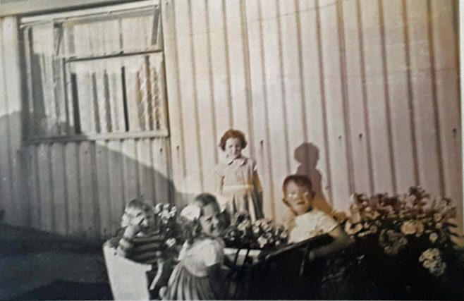 Lesley and her brother and cousins in the garden at Avelon Road. Romford.