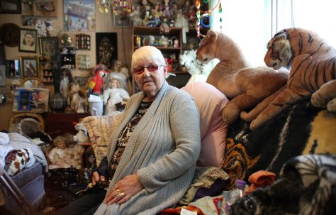 Moving Prefab: Wake Green Road, Grade II listed Phoenix prefabs. Portrait of Margaret Butler in her prefab, September 2016.