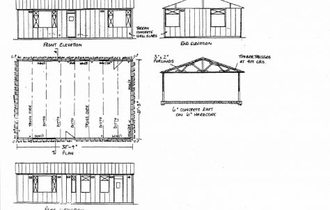 Basic plan of the prefab in sketch form. You can see the overall dimensions of 32ft. Long X 21ft. wide