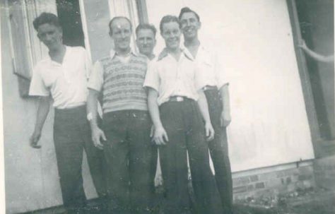 Group outside the prefab, Wiston Close, Whitehawk, Brighton