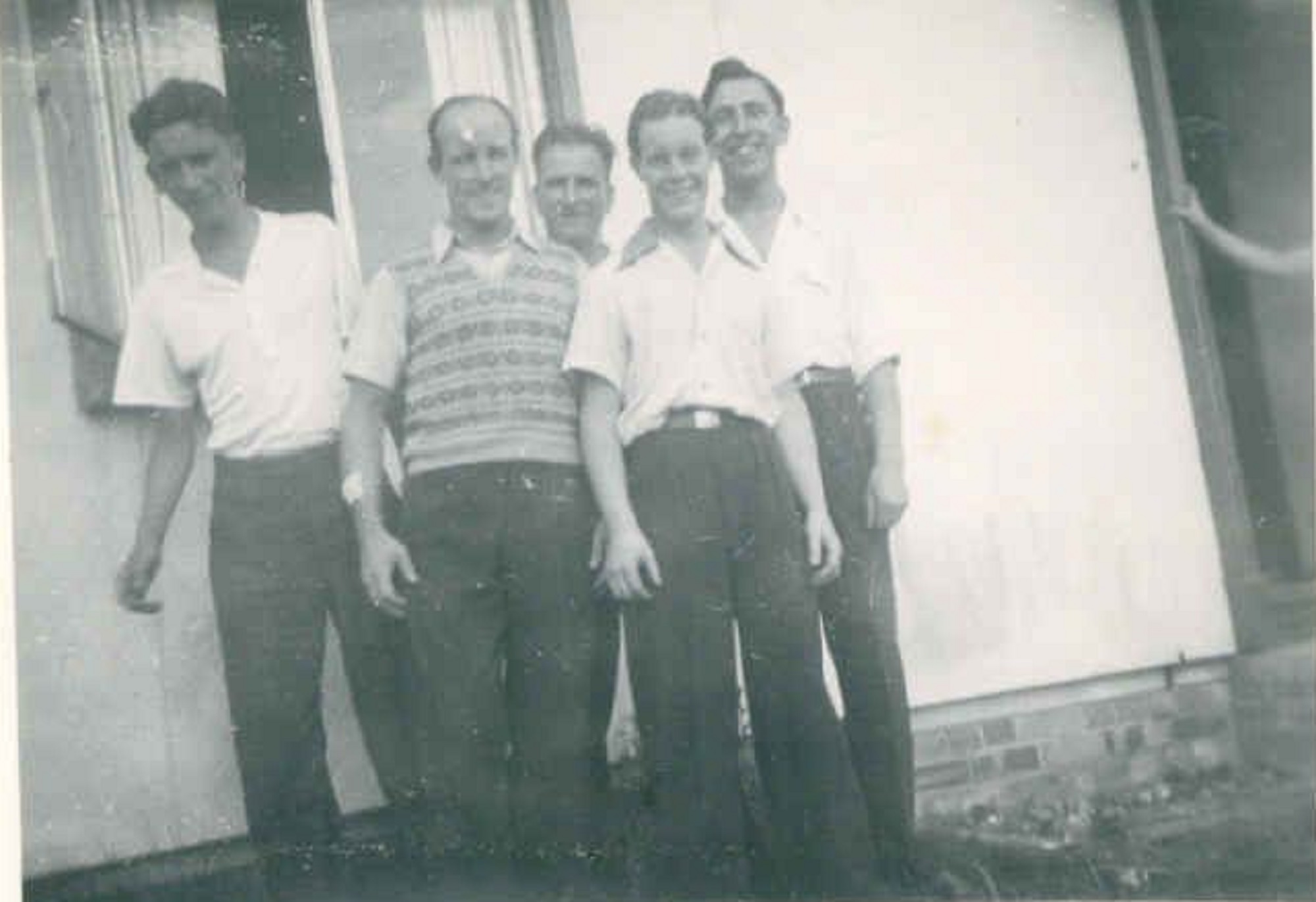 Group outside the prefab, Wiston Close, Whitehawk, Brighton