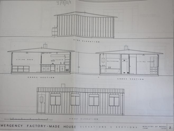 Emergency Factory Made House: Elevations & Sections. Ministry of Works October 1944