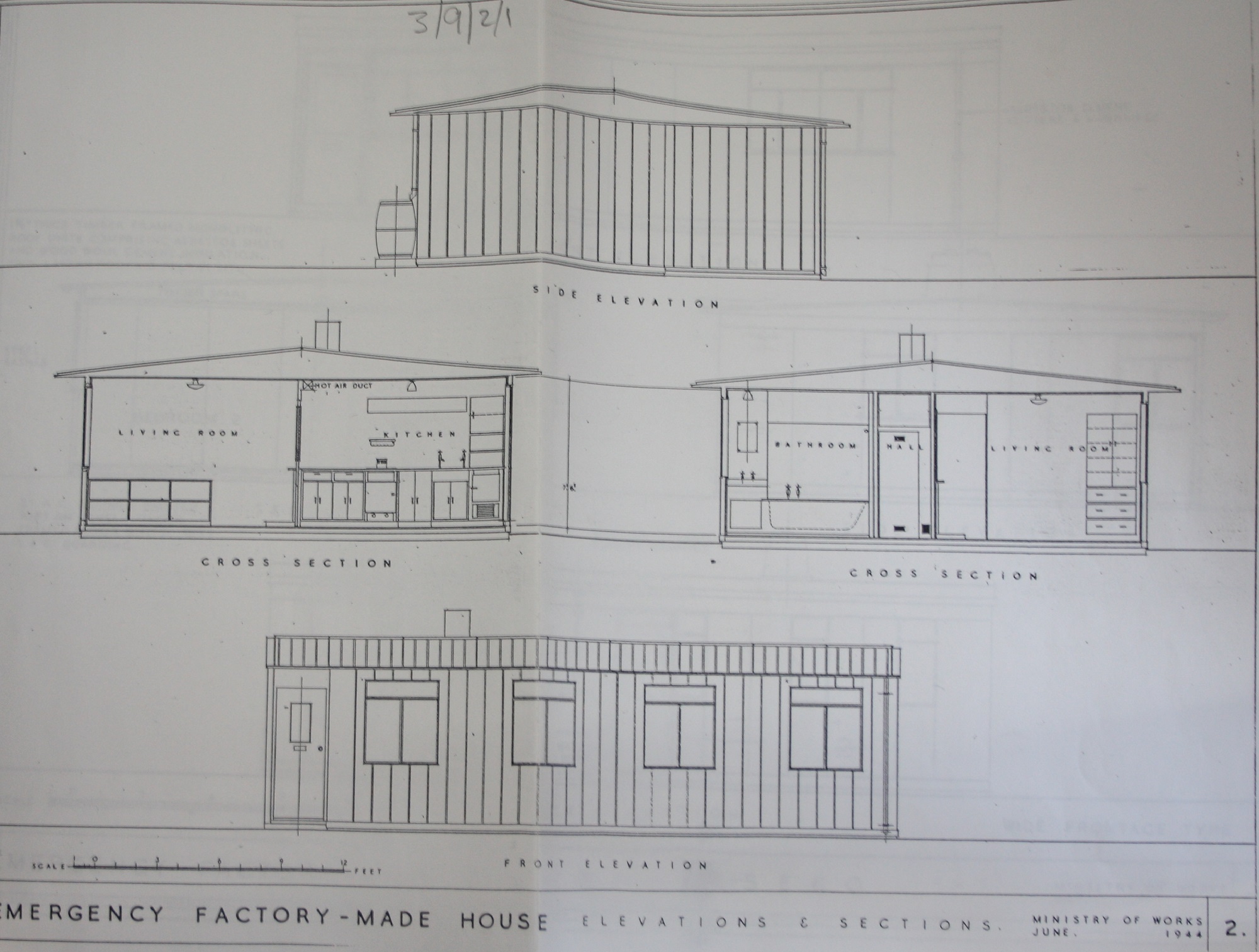Emergency Factory Made House: Elevations & Sections. Ministry of Works October 1944