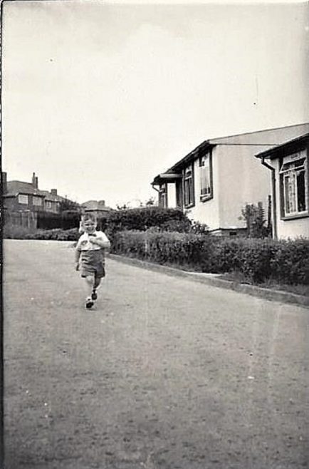 David outside the prefab. Beecher Drive, Halesowen