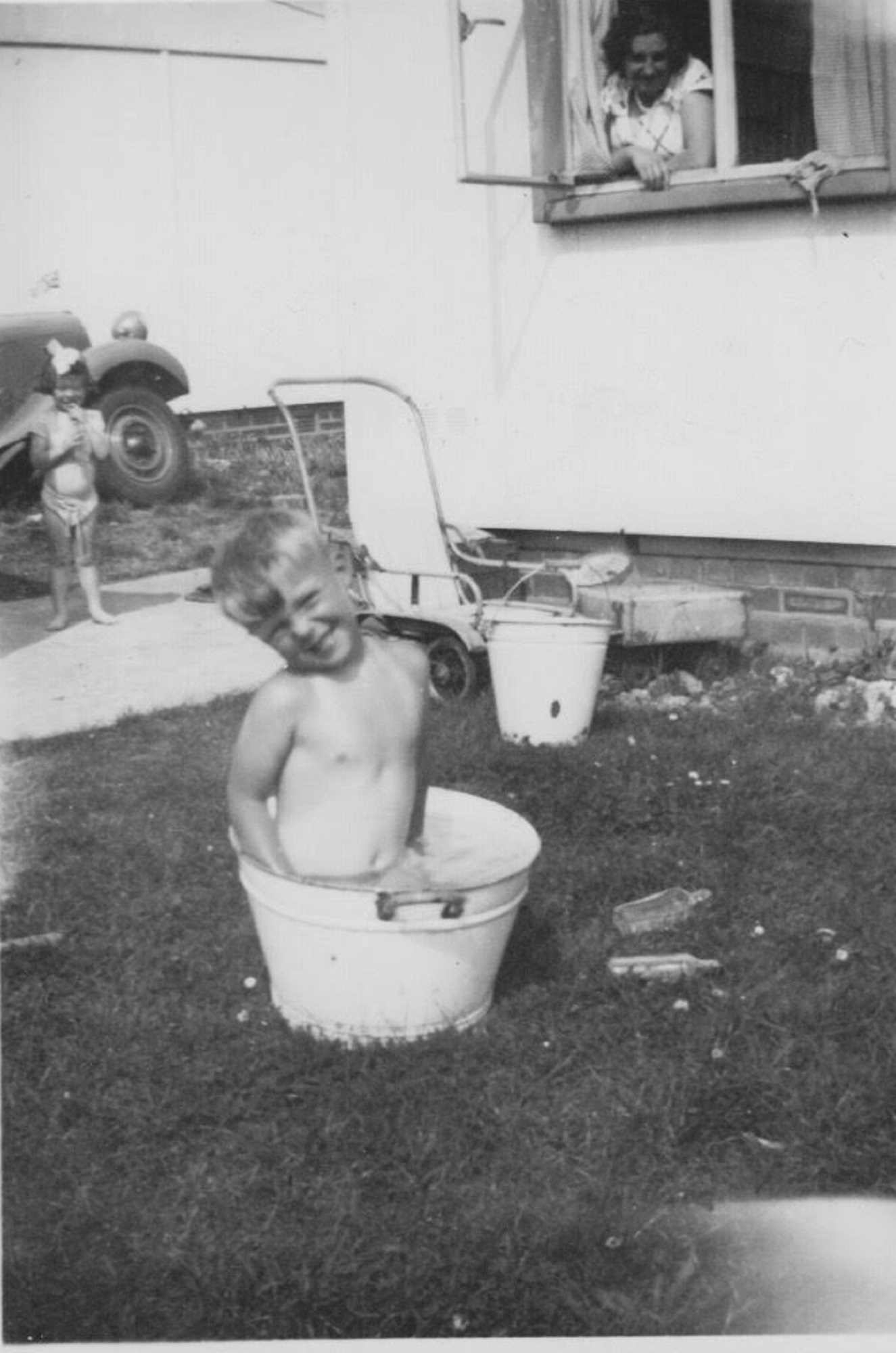 Jon in the prefab garden. Gatwick Green, Bishops Stortford