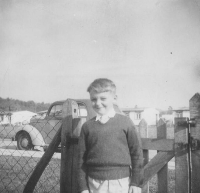 Jon outside the prefab. Gatwick Green, Bishops Stortford