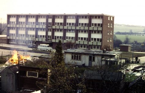 Uni-Seco prefab vacant, with new block of flats on the site, Hornbeam Road, Buckhurst Hill