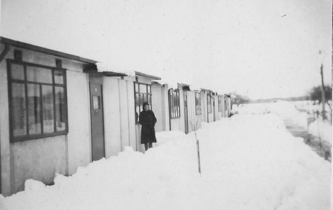 Prefabs in the snow. Gilbert Close, Cambridge