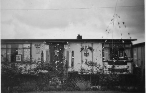 Prefab decorated for the Coronation. Gilbert Close, Cambridge