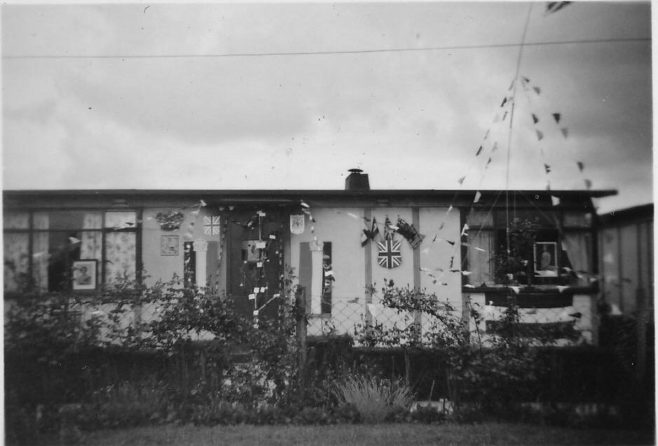 Prefab decorated for the Coronation. Gilbert Close, Cambridge