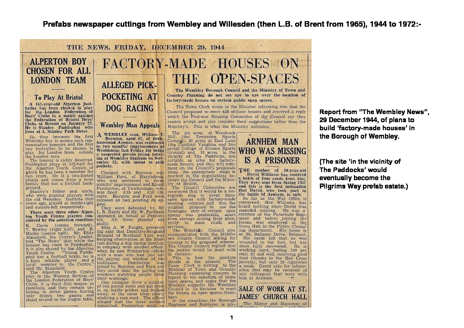 Prefab newspaper cuttings from Wembley and Willesden, 1944 - 1972