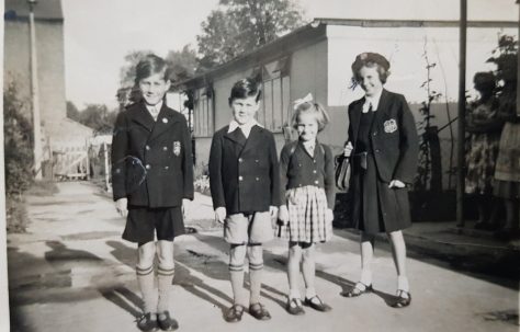 Allen, Brian and Sylvia and Christine Pearce, off to school circa 1955. Chelverton Road, Putney