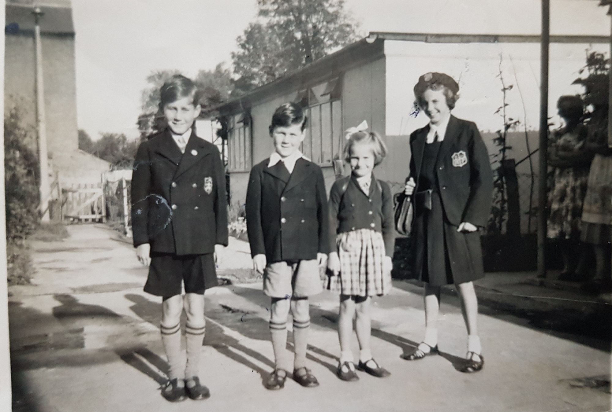 Allen, Brian and Sylvia and Christine Pearce, off to school circa 1955. Chelverton Road, Putney