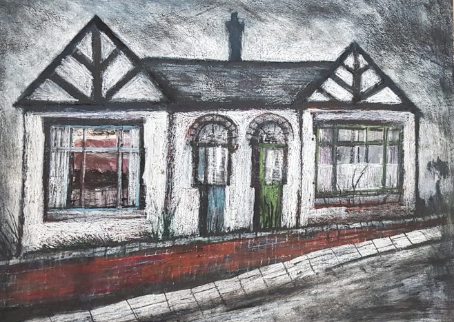 Prefab Houses II by Arthur Berry c1970s - painting mixed media in Arthur Berry 50 Paintings Exhibition at Barewall Art Gallery 20 Jul to 31 Aug 2019, Stoke on Trent