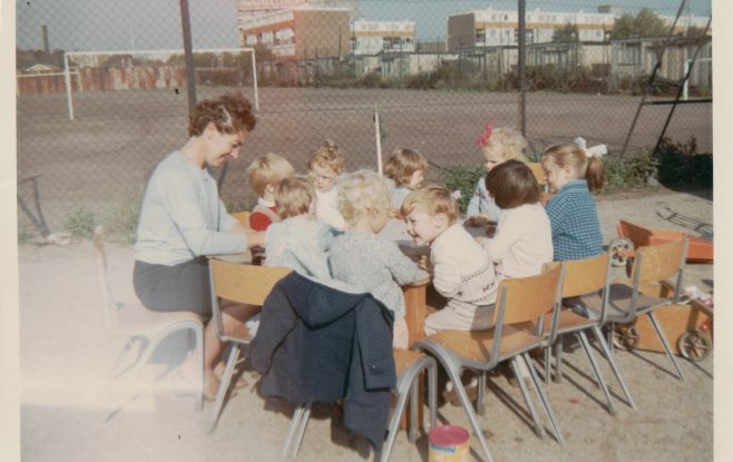 View of prefabs in Stebondale Street, London E14, from the 1'o'clock club