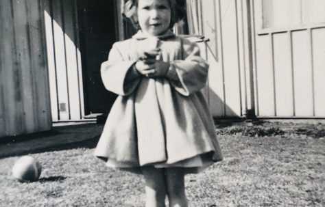 Belinda in front of the prefab, The Green, Middlewich