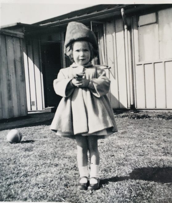 Belinda in front of the prefab, The Green, Middlewich