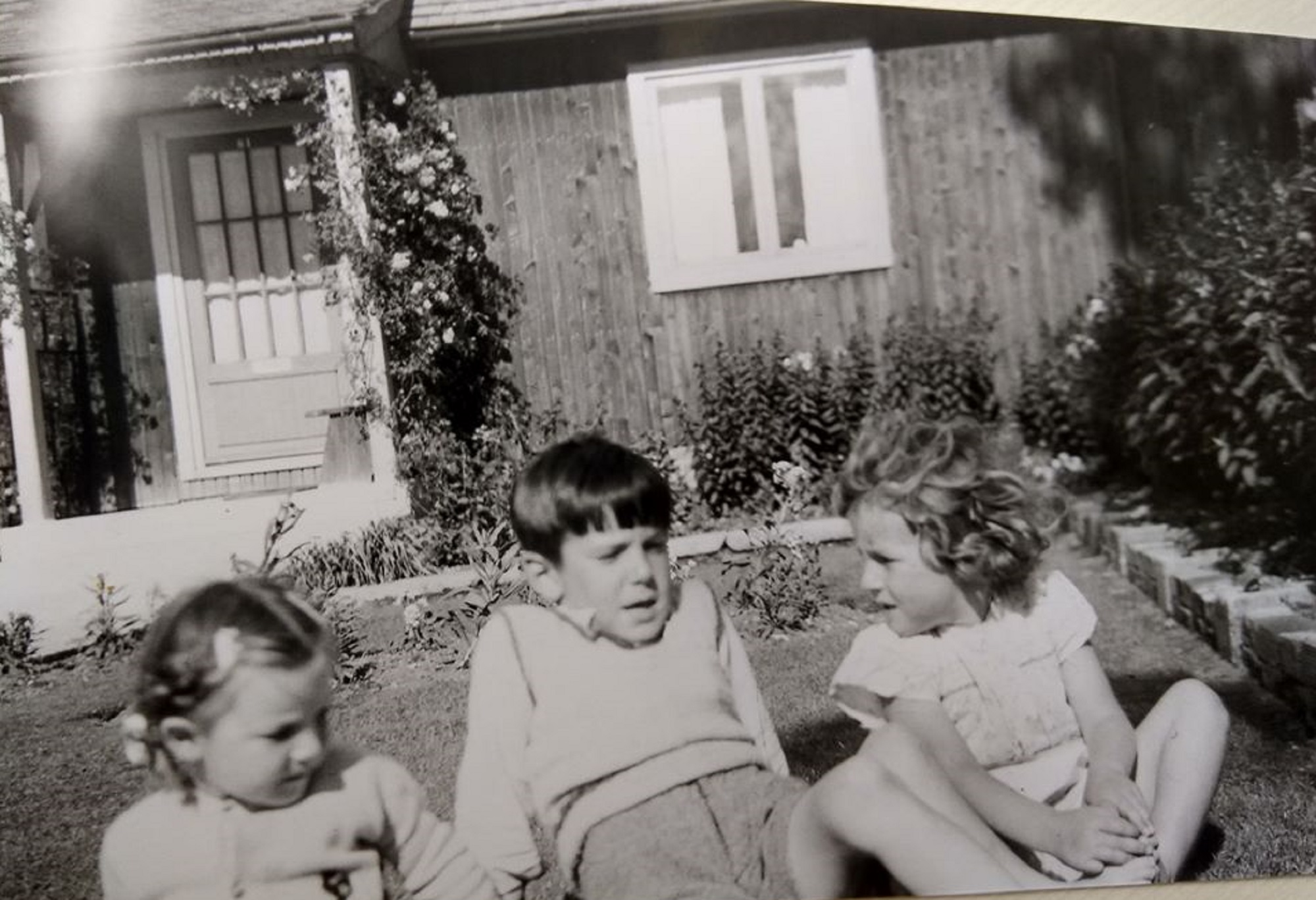 Us three Brockbank kids in the front garden. Swallow Street, Iver Heath, Buckinghamshire