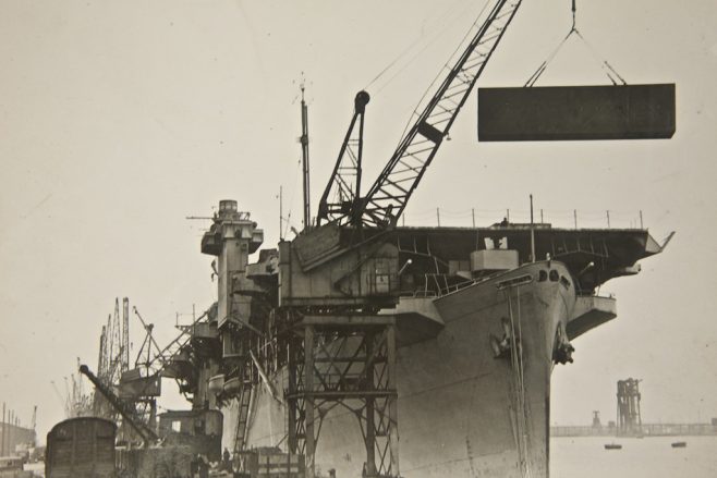 Prefabs being loaded on to the French Aircraft Carrier ' Dixmude ' at Newport Docks | ABP South Wales and David Swidenbank