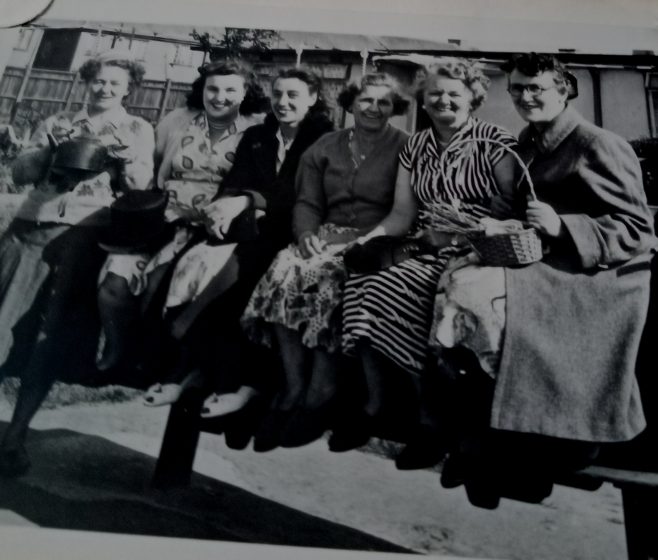 Helpers at above party. The lady holding the teapot is local midwife Nurse Robson (she delivered my brother Jim at number 38 in 1950). My mother is third from left in dark coat. | John Blake