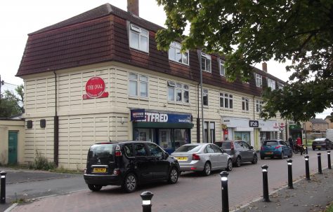 Cornish three-storey blocks of shops at The Oval, Belmont, Hereford