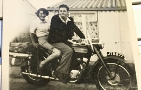 Outside our prefab, Uncle Alan impressing his girlfriend, soon to be wife, Sheila, on his Triumph Bonneville about 1955. 15 Bonchurch Road, Southampton