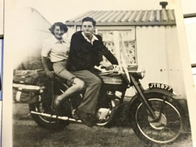 Outside our prefab, Uncle Alan impressing his girlfriend, soon to be wife, Sheila, on his Triumph Bonneville about 1955. 15 Bonchurch Road, Southampton | Geoff Lindsay