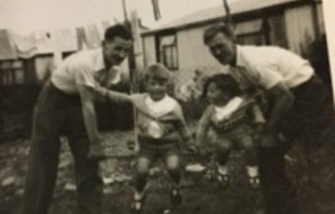 Two limbless ex servicemen who could only live in prefabs enjoy games with the kids 1955. 15 Bonchurch Road, Southampton