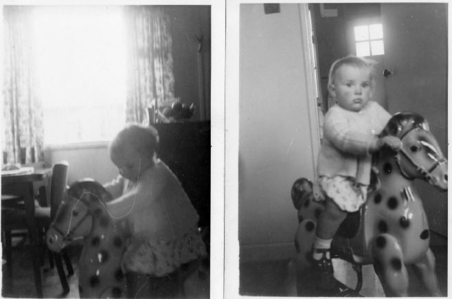 Rocking horse in lounge Feb 1956. 70 Lockley Crescent, Hatfield, Hertfordshire | Gillian Beckford