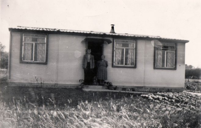 Albert and Winifred Arnold outside their prefab. 13 Mill Close, Ringmer | Kevin Arnold