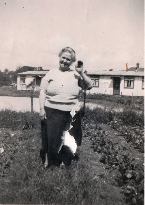 Winifred Arnold, prefabs in the background. 13 Mill Close, Ringmer | Kevin Arnold