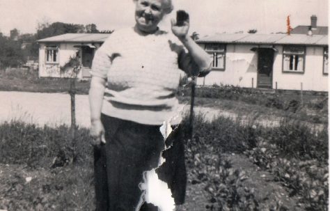 Winifred Arnold, prefabs in the background. 13 Mill Close, Ringmer