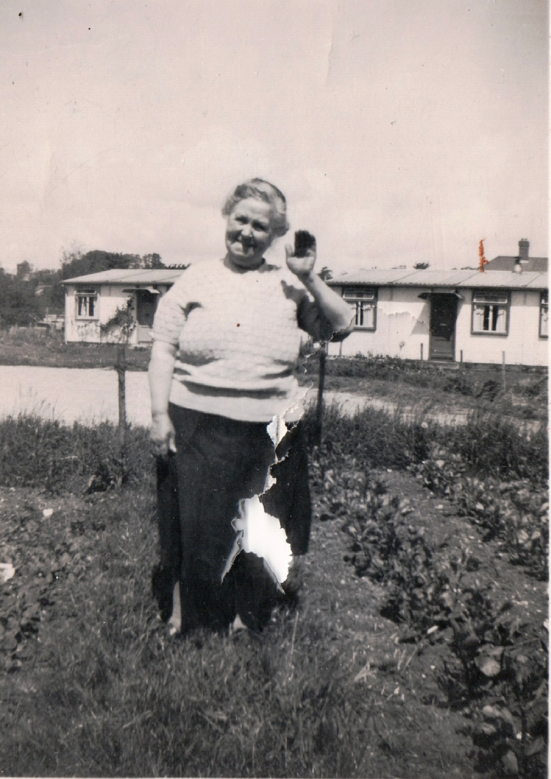 Winifred Arnold, prefabs in the background. 13 Mill Close, Ringmer