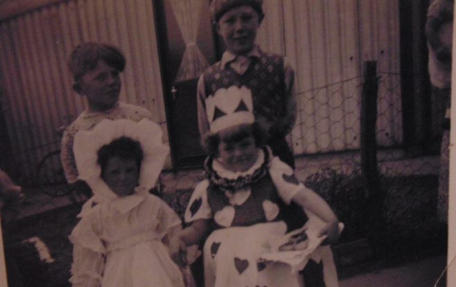 David & Silas Wheatly, Yvonne Tilbury, Doreen Wheatly as Queen of Hearts and winner of the fancy dress in June 1953, The  Coronation street Party Roding Avenue