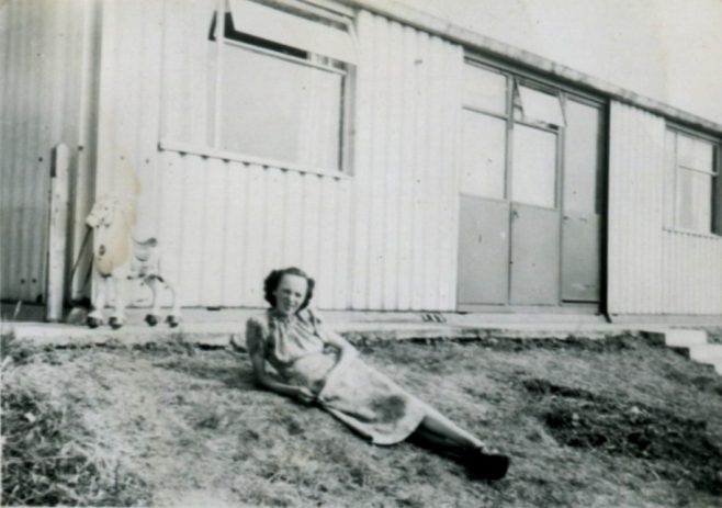 My mother relaxing outside our prefab. Llanelli Place, Fforestffach | Michael Mutton