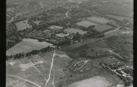 Eltham Common Bungalows, Royal Military Academy and Woolwich Stadium in the foreground, SE18
