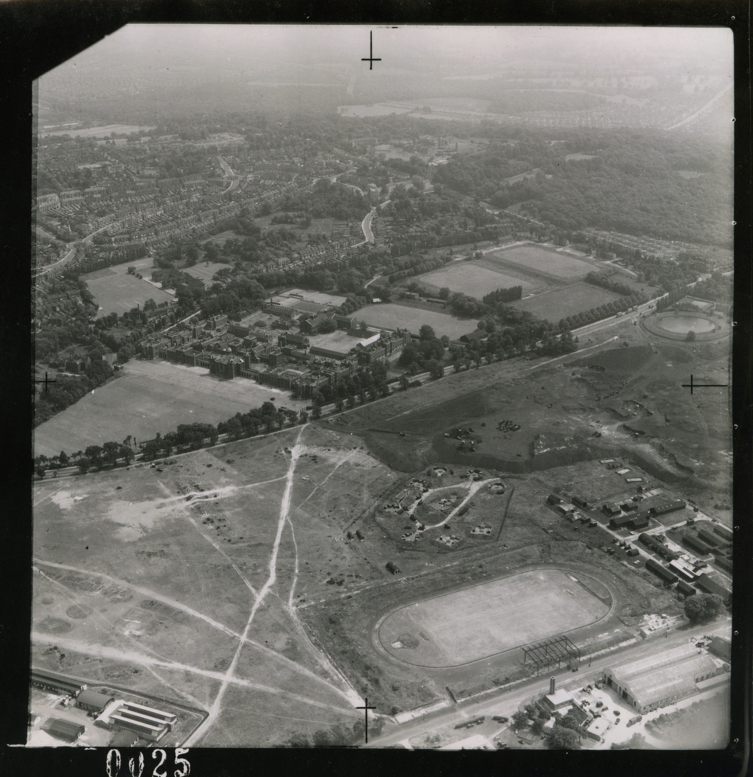 Eltham Common Bungalows, Royal Military Academy and Woolwich Stadium in the foreground, SE18