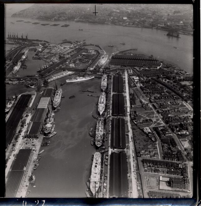 Rymill Bungalows. Aerial view of the Royal Docks, 1953 (bottom left) | Simon Blackwell